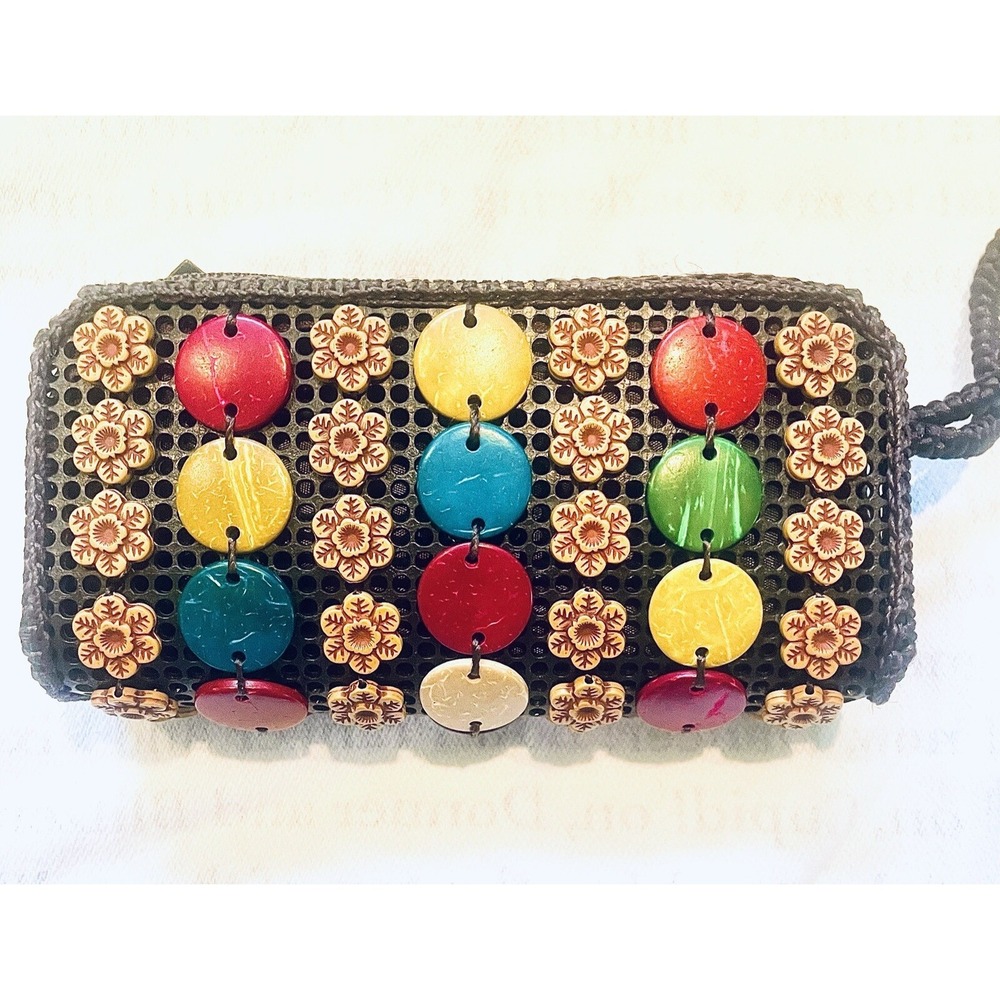 Brown Crochet Coconut Shell Beaded Wristlet Coin Purse Wallet Vintage Boho